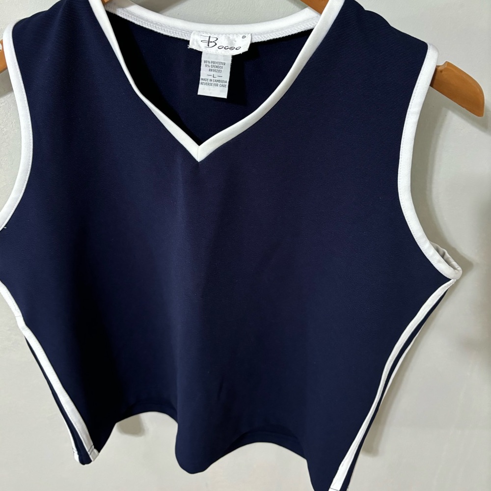 4/$25 Vintage Bocoo Size L Polyester/Spandex tank Navy with double side stripe